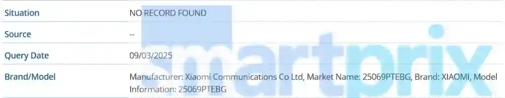 Xiaomi '25069PTEBG' - GSMA IMEI Listing