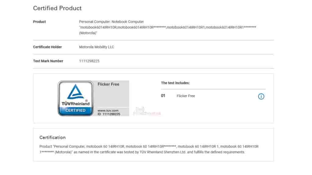 Motobook 60 - TUV Rheinland Certification (for Flicker-Free Display)