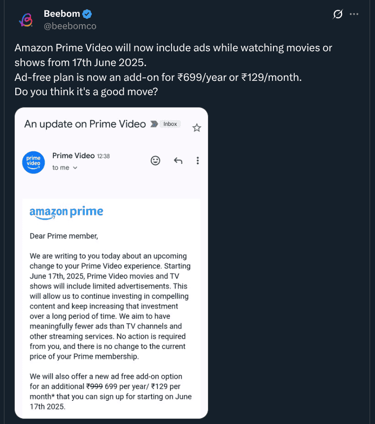 Amazon Prime Video to Display Ads from 17th June 2025 - X Post