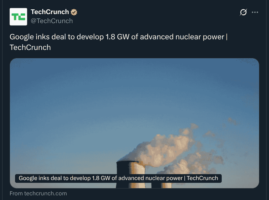 Google Teams Up With Elementl Power to Generate 1.8 GW of Power Via Three Advanced Nuclear Projects - X Post