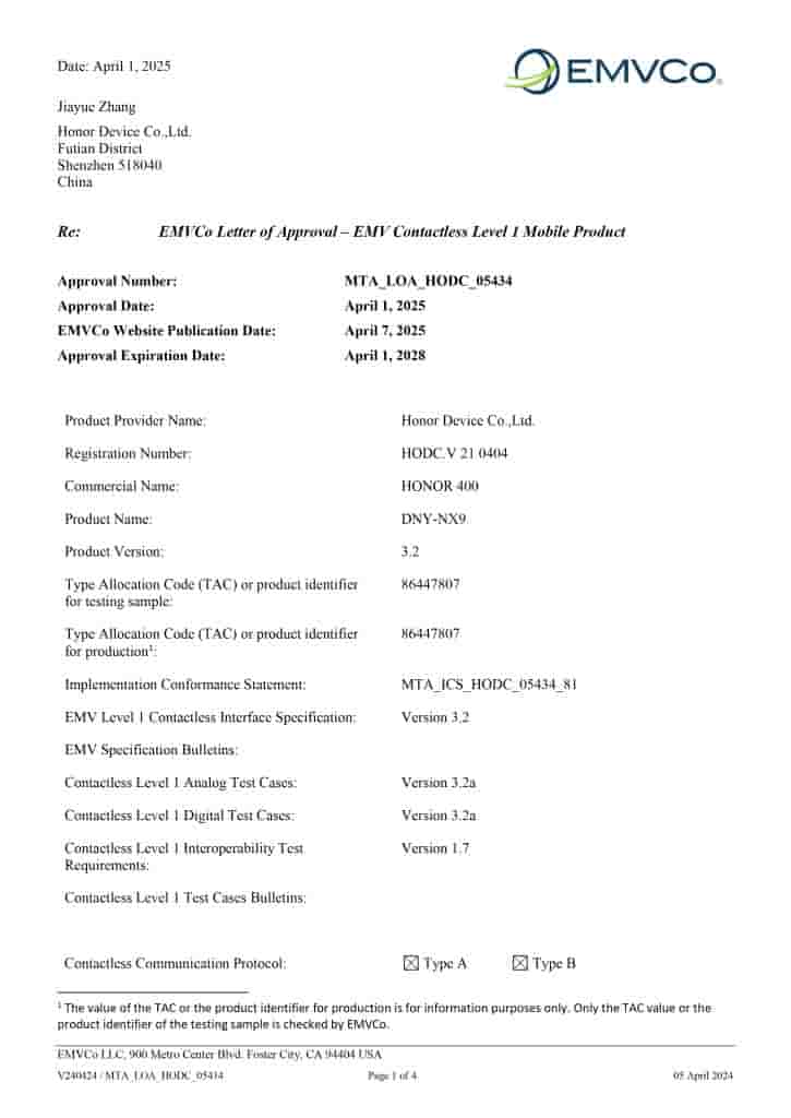 Honor 400 - EMVCo Listing (1)