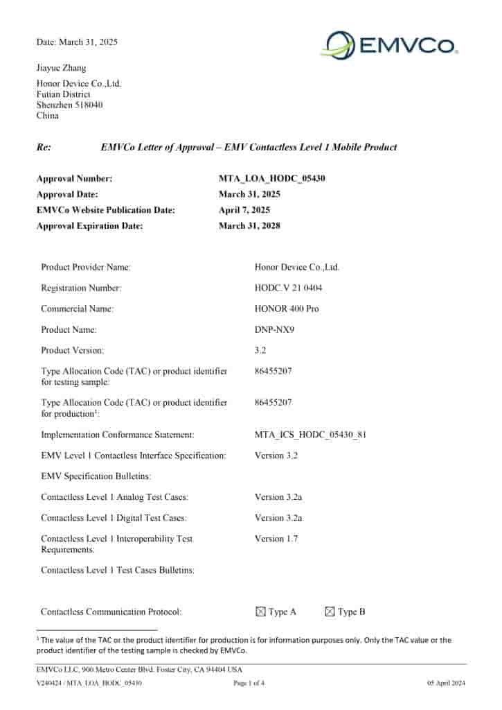 Honor 400 Pro - EMVCo Listing (1)
