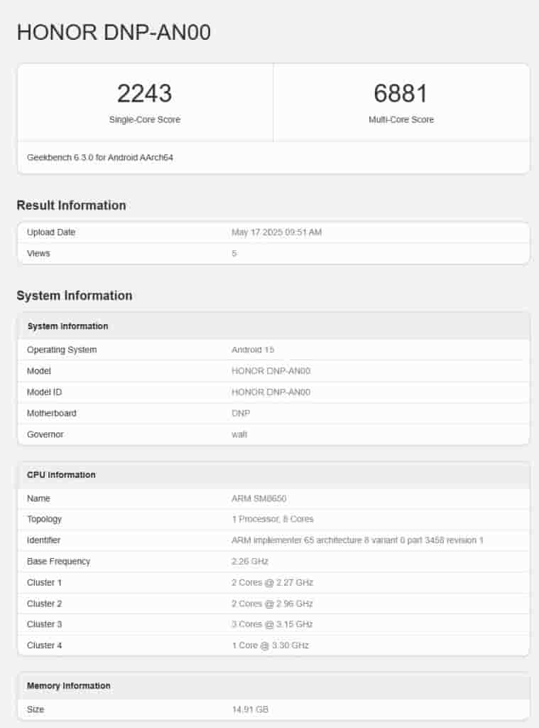 Honor 400 Pro spotted on Geekbench