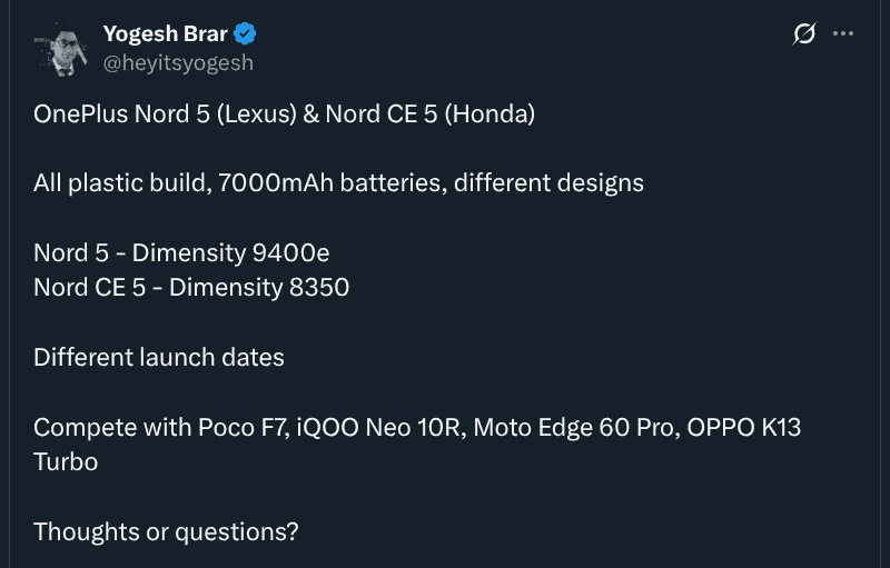 OnePlus Nord 5 and OnePlus Nord CE 5 - X Post