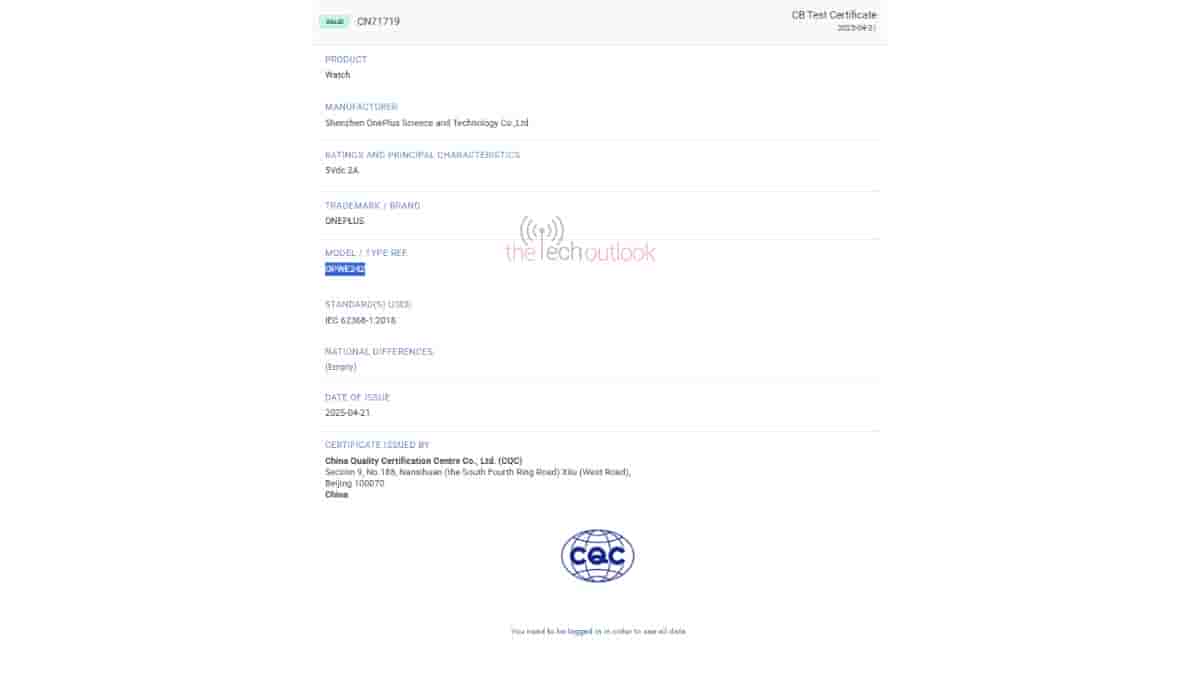 OnePlus Watch'OPWE242' - CQC Certification