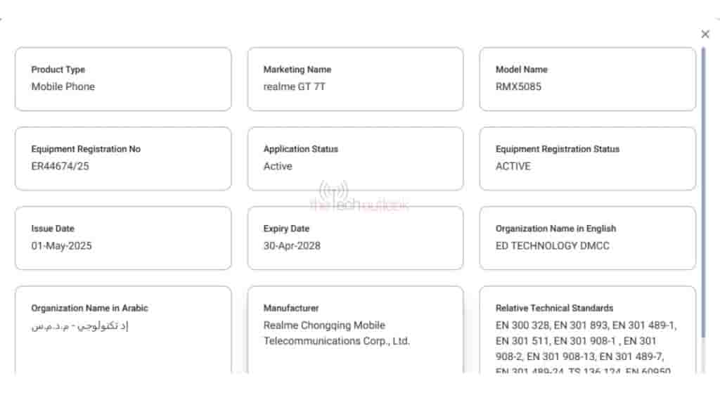 Realme GT 7T - TDRA Certification