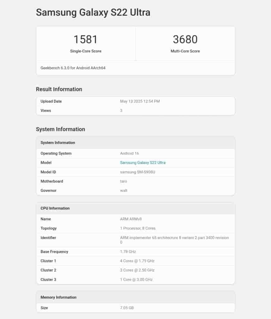 Samsung Galaxy S22 Ultra Running on Android 16 Based One UI 8 - Geekbench Listing