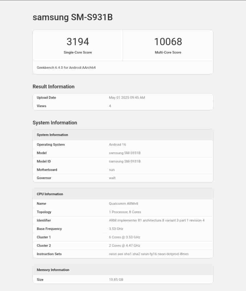 Samsung Galaxy S25 - New Geekbench Score