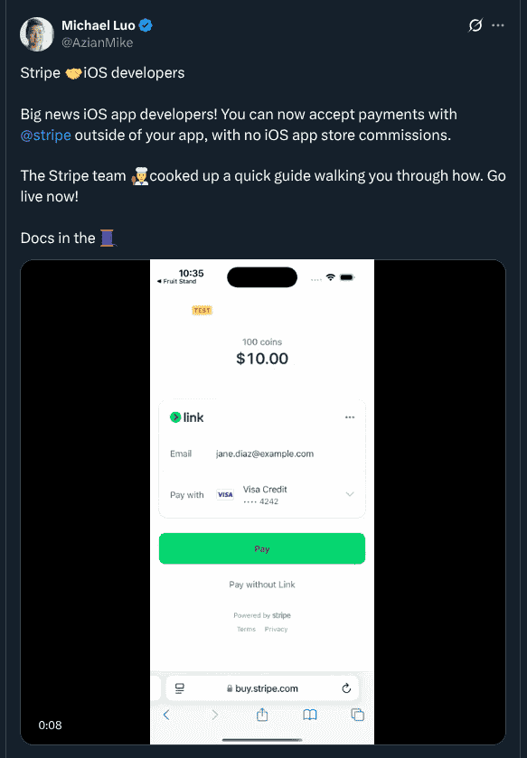 Stripe - Accept Payments With Stripe Outside App Without Any iOS App Store Commissions - X Post