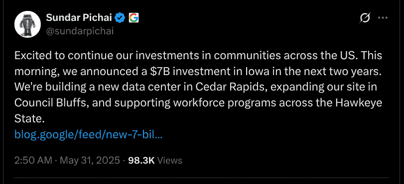 Sundar Pichai Shares Announcement of USD 7 Billion Investment in Iowa - X Post