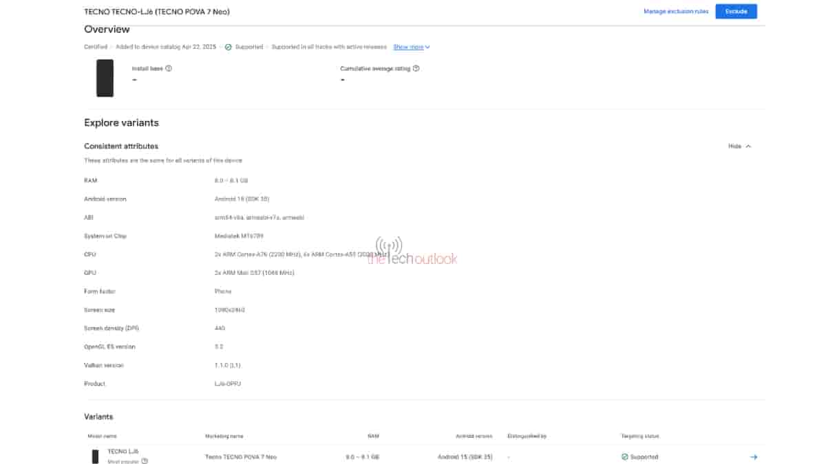 Tecno Pova 7 Neo spotted on Google Play Console