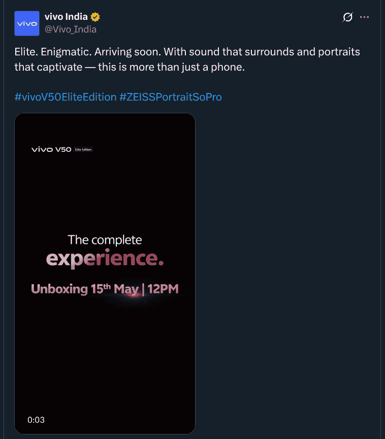 Vivo V50 Elite Edition Launch Announced in India