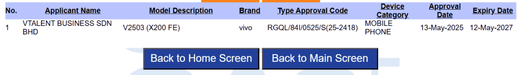 Vivo X200 FE - SIRIM Certification