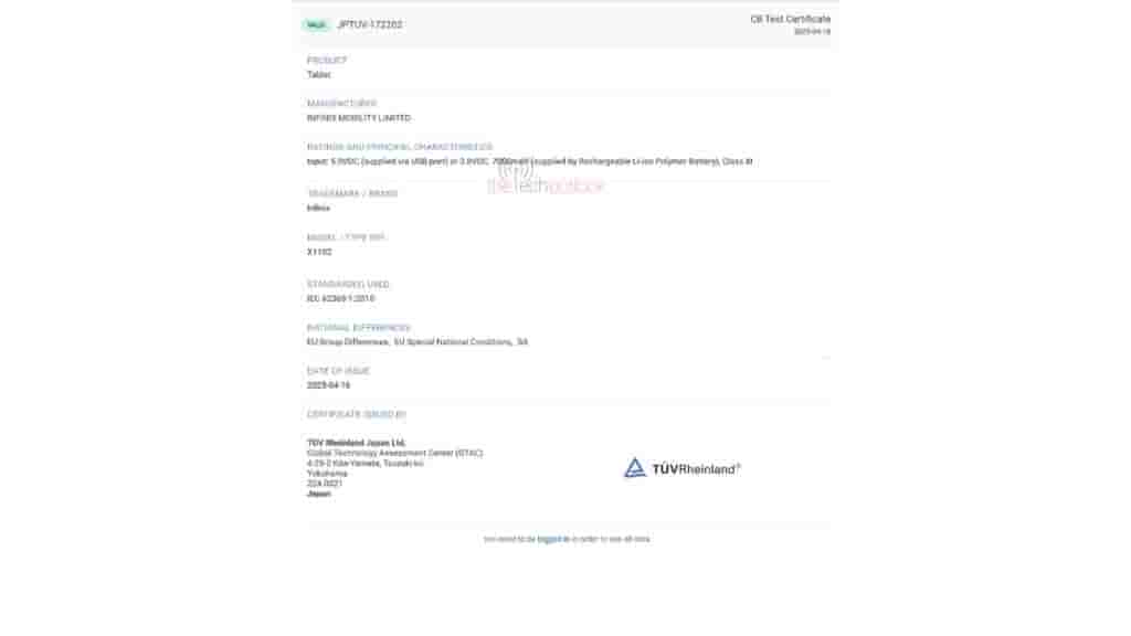 Infinix XPAD 20 - TUV Rheinland Certification