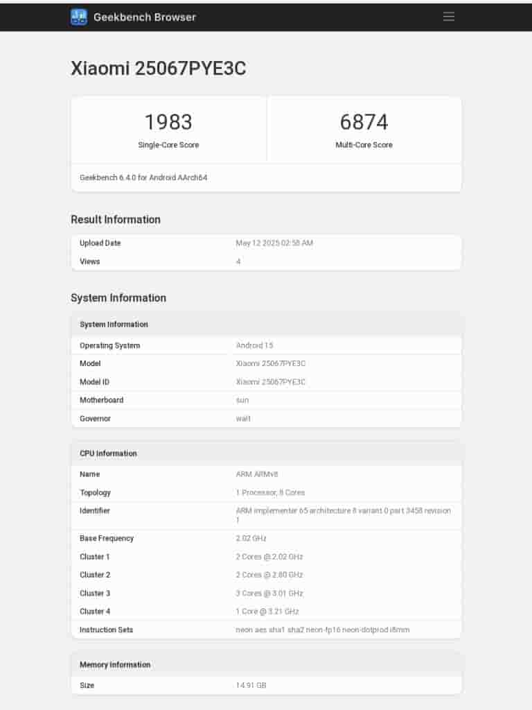Xiaomi '25067PYE3C' (Xiaomi Civi 5 Pro) - Geekbench Listing (1)