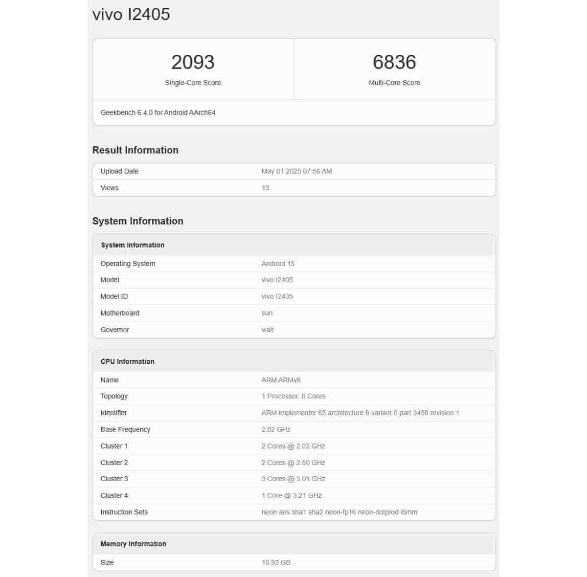 iQOO Neo 10 - Geekbench Listing