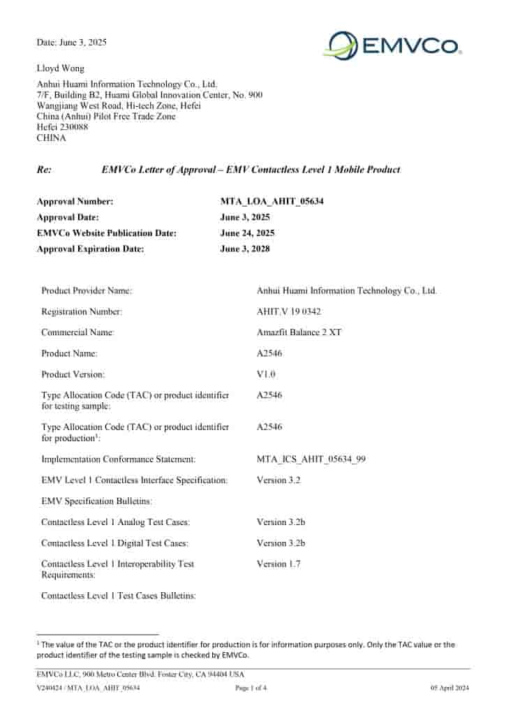 Amazfit Balance 2 XT - EMVCo Certification (1)