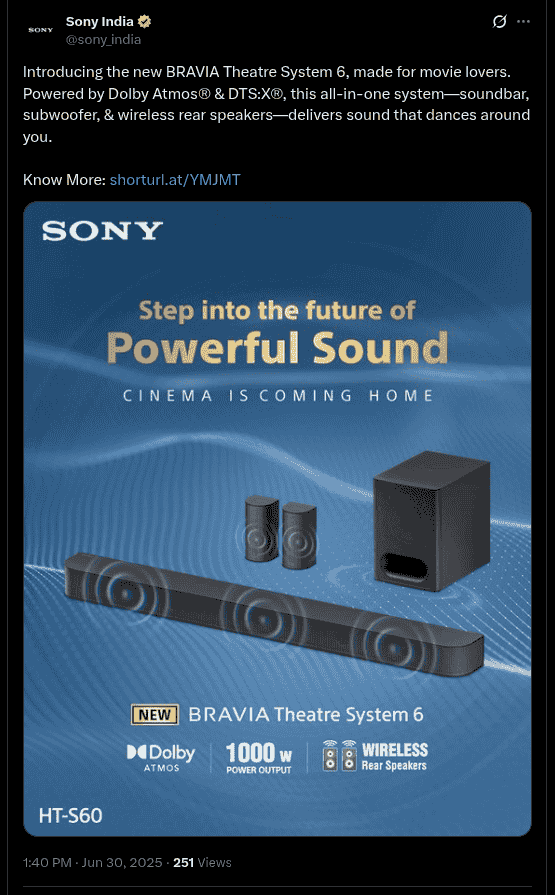 BRAVIA Theatre System 6 Introduced in India - X Post