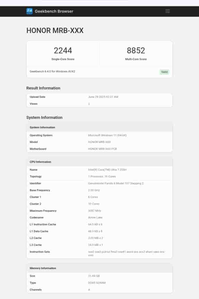 HONOR 'MRB-XXX' - Geekbench Listing (1)