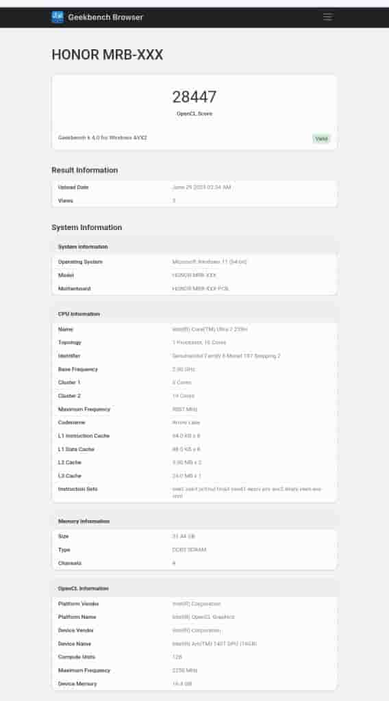 HONOR 'MRB-XXX' - Geekbench Listing (2)