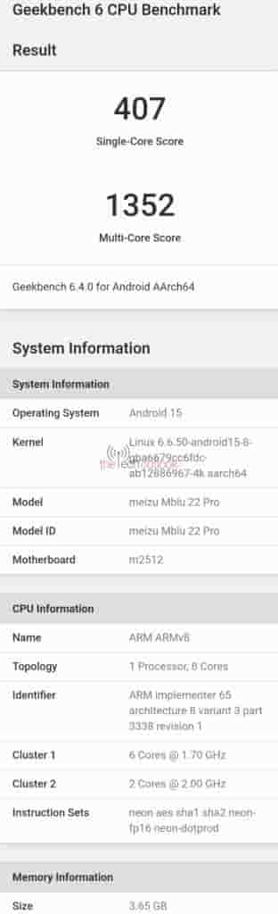 Meizu mblu 22 Pro - Geekbench Listing