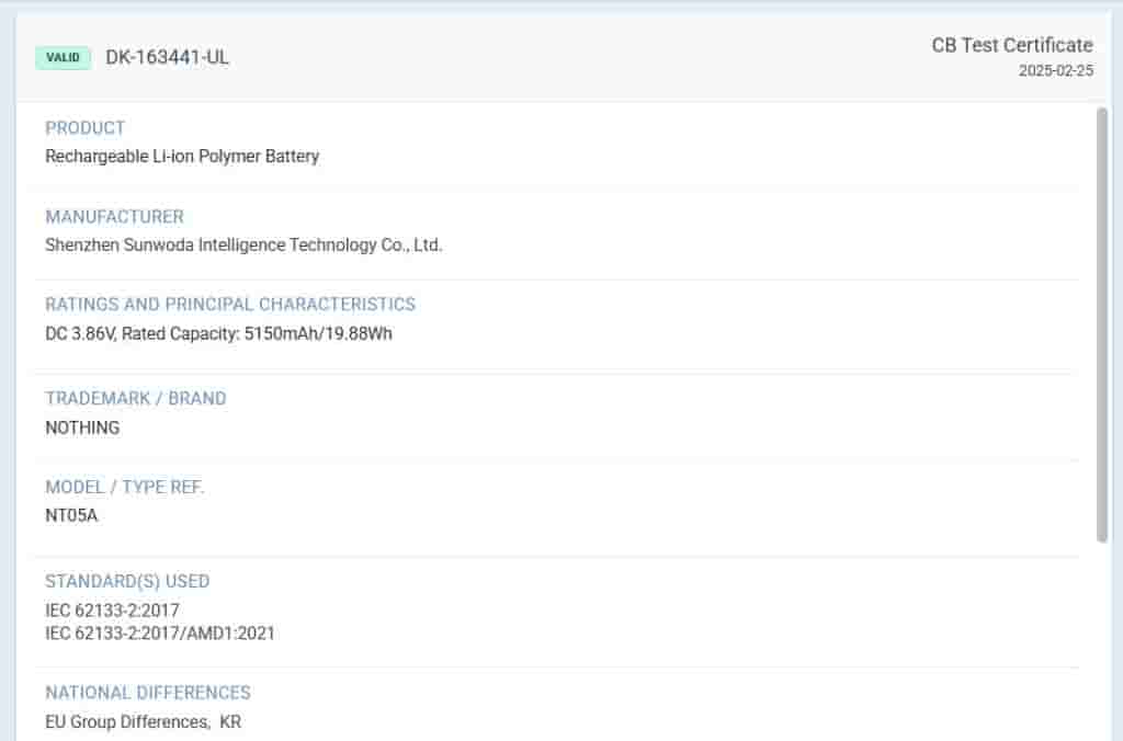 Nothing Phone 3 Battery Certificate