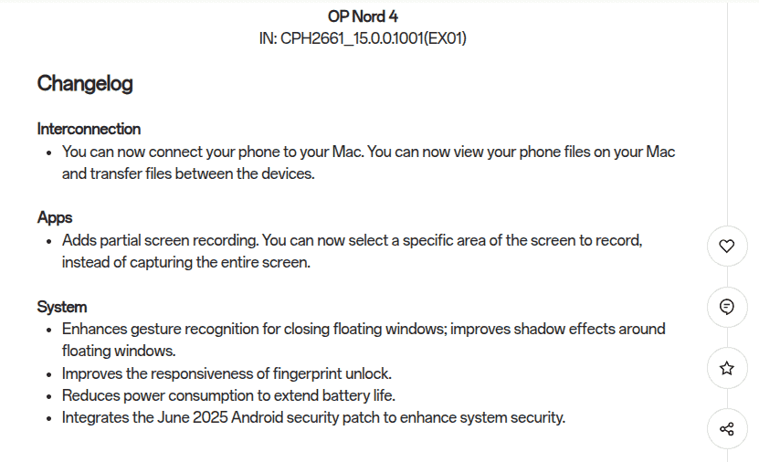 OnePlus Nord 4 - CPH2661_15.0.0.1001(EX01) Update