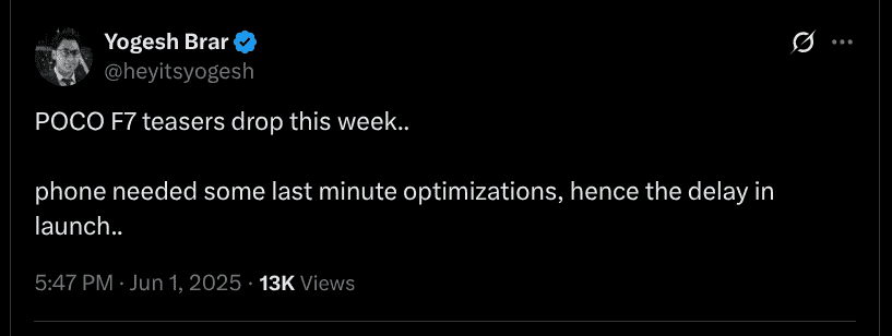POCO F7 Teasers to Drop This Week - X Post