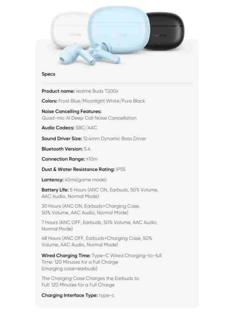 Realme T200x Earbuds - Specs Sheet
