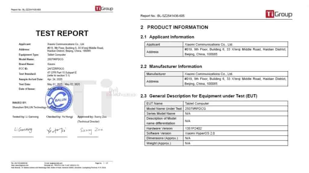 Redmi K Pad (Global Variant) - FCC Certification (1)