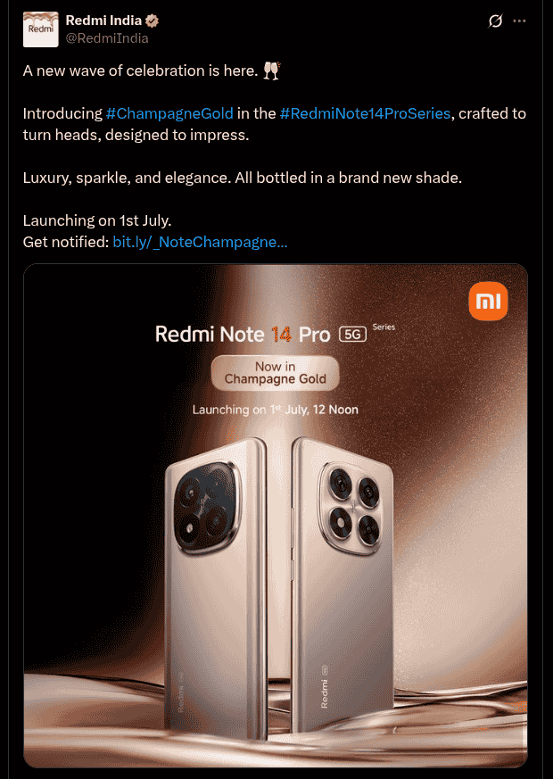 Redmi Note 14 Pro 5G Series Teased With New Champagne Gold Color - X Post