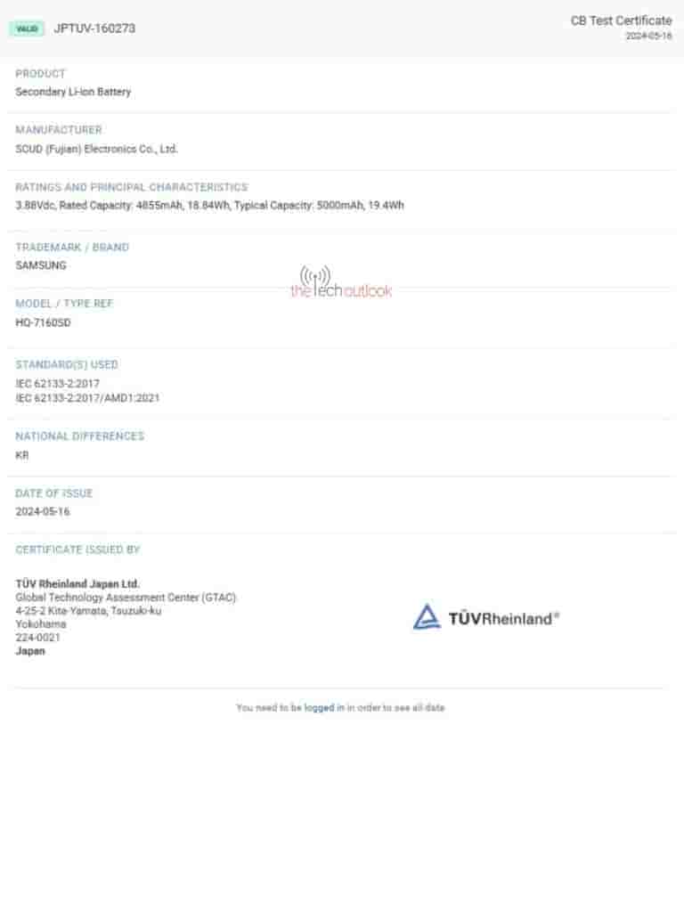 Samsung Battery HQ-7160D - TUV Rheinland Certification