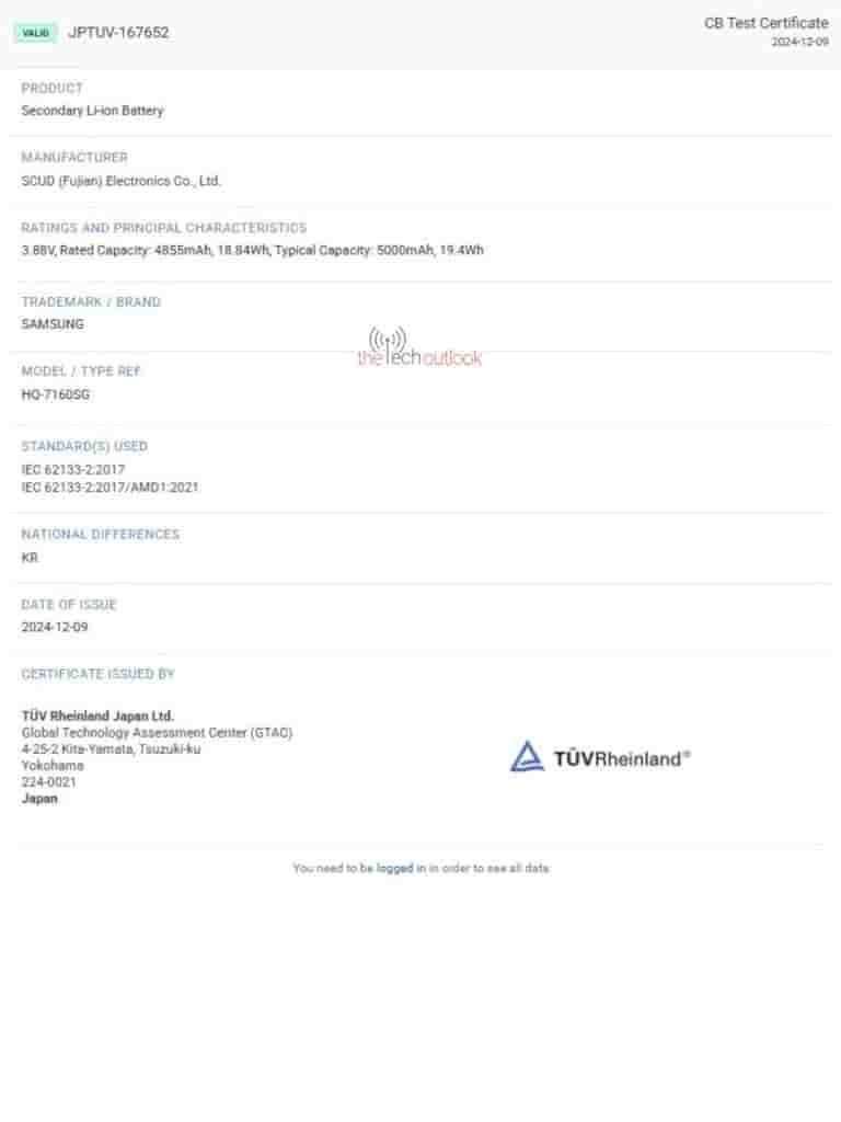 Samsung Battery HQ-7160G - TUV Rheinland Certification
