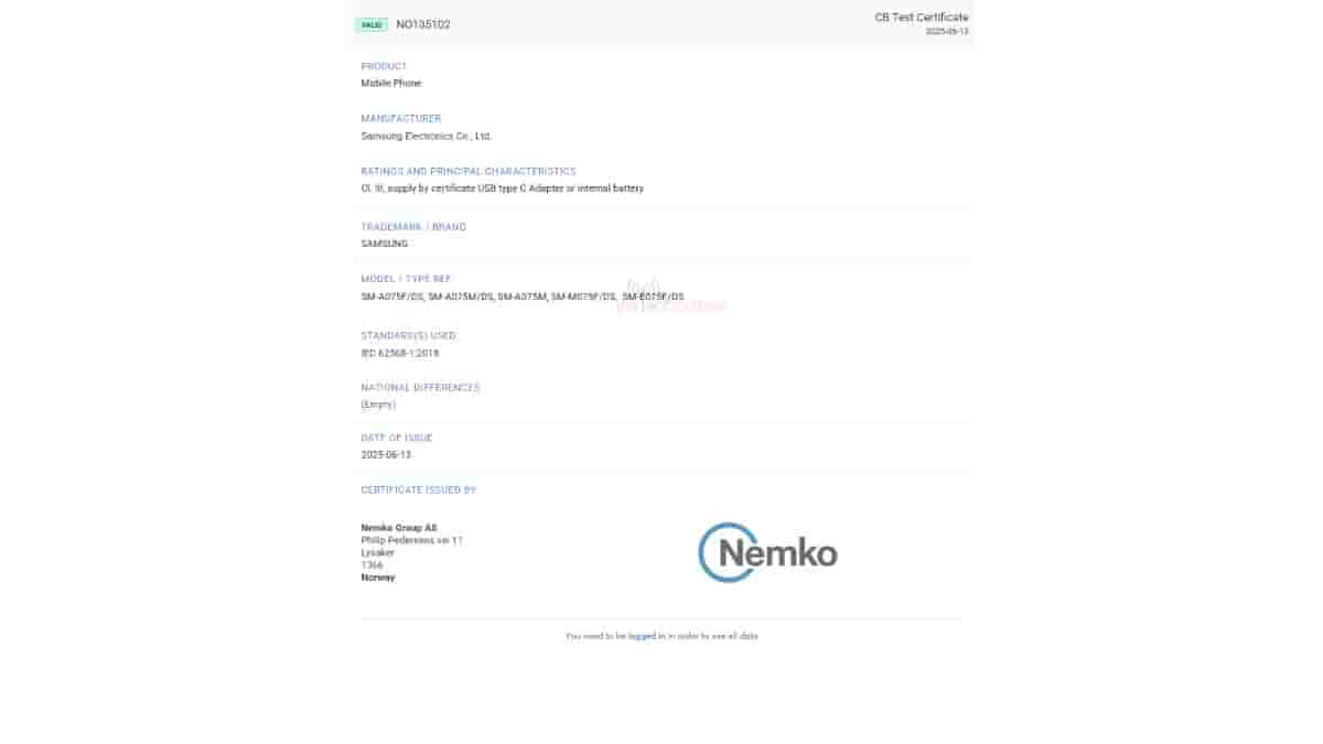 Samsung Galaxy A07, Galaxy F07, and Galaxy M07 - Nemko Certification