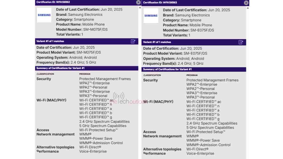 Samsung Galaxy F07 4G and M07 4G - WiFi Alliance Certification