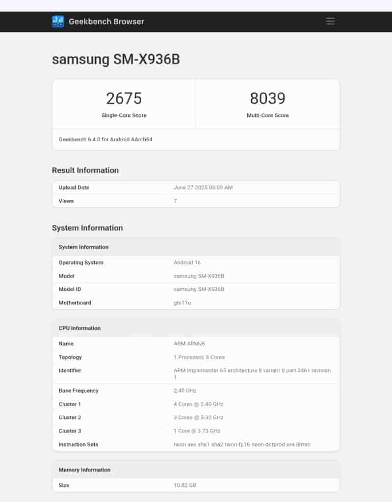 Samsung Galaxy Tab S11 Ultra (SM-X936B) - Geekbench Listing (1)