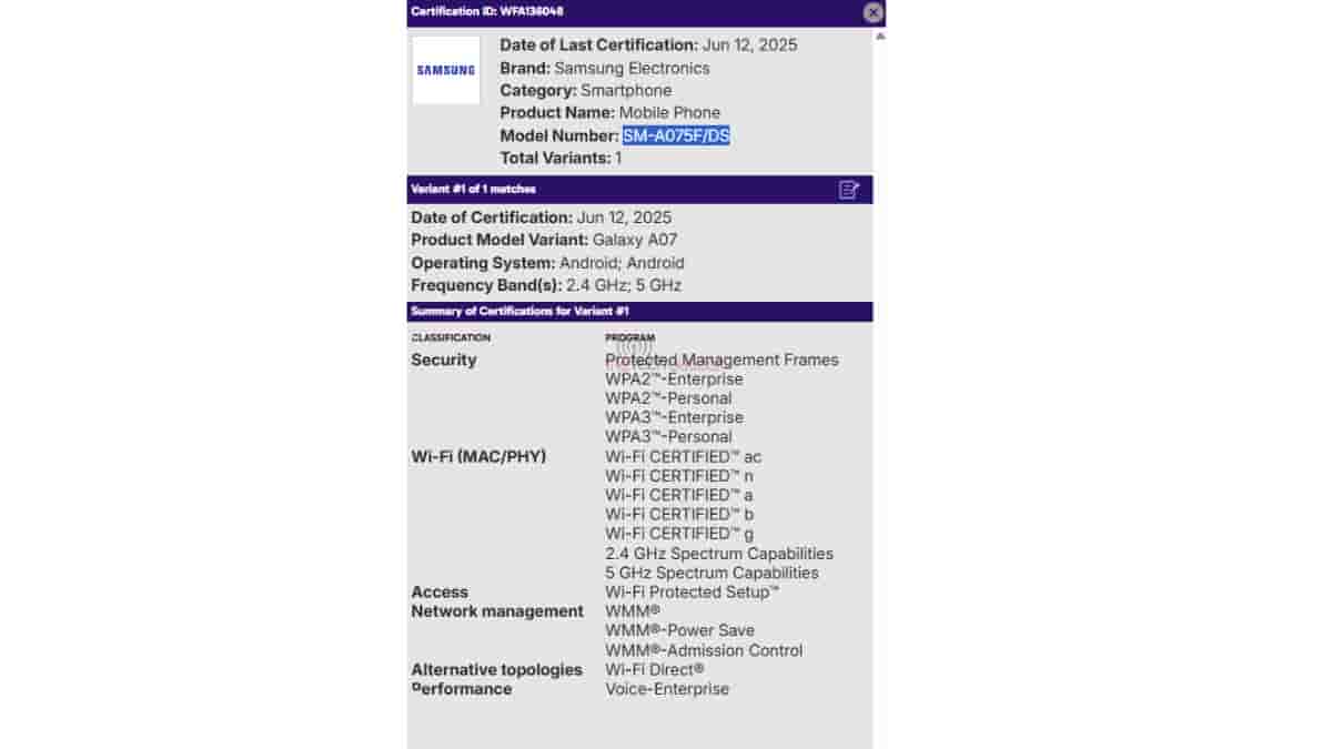 Samsung Galaxy A07 - WiFi Alliance Certification