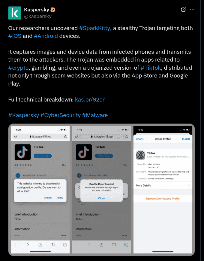 Stealth Trojan Spark Kitty Targeting iOS and Android Devices - Kaspersky X Post