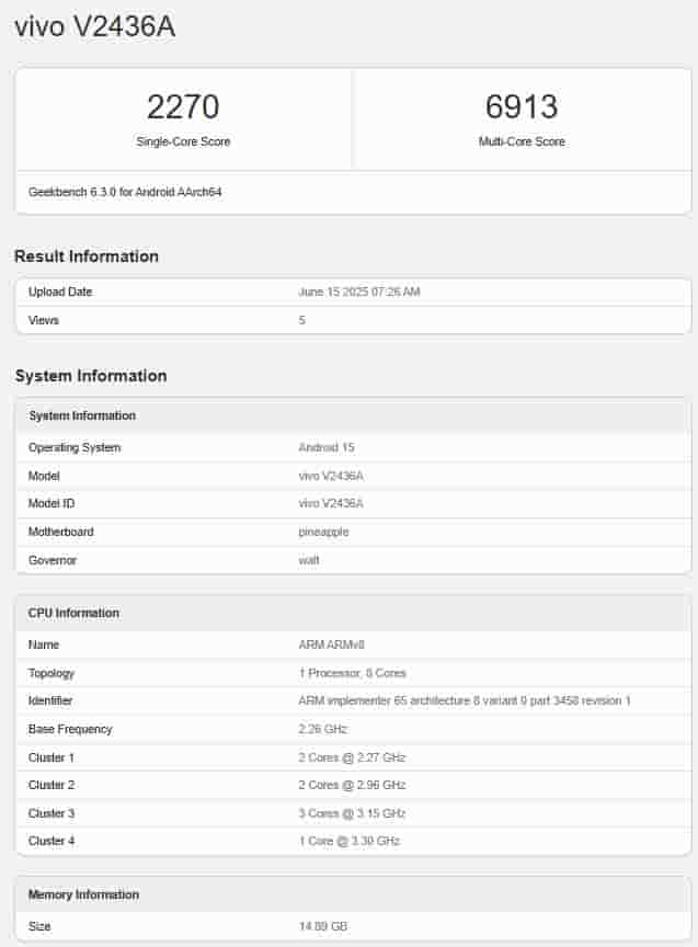 Vivo X Fold 5 (Chinese Variant) - Geekbench Listing