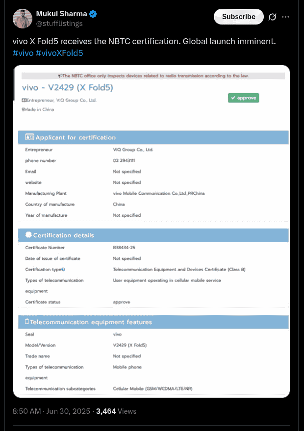 Vivo X Fold 5 - NBTC Certification