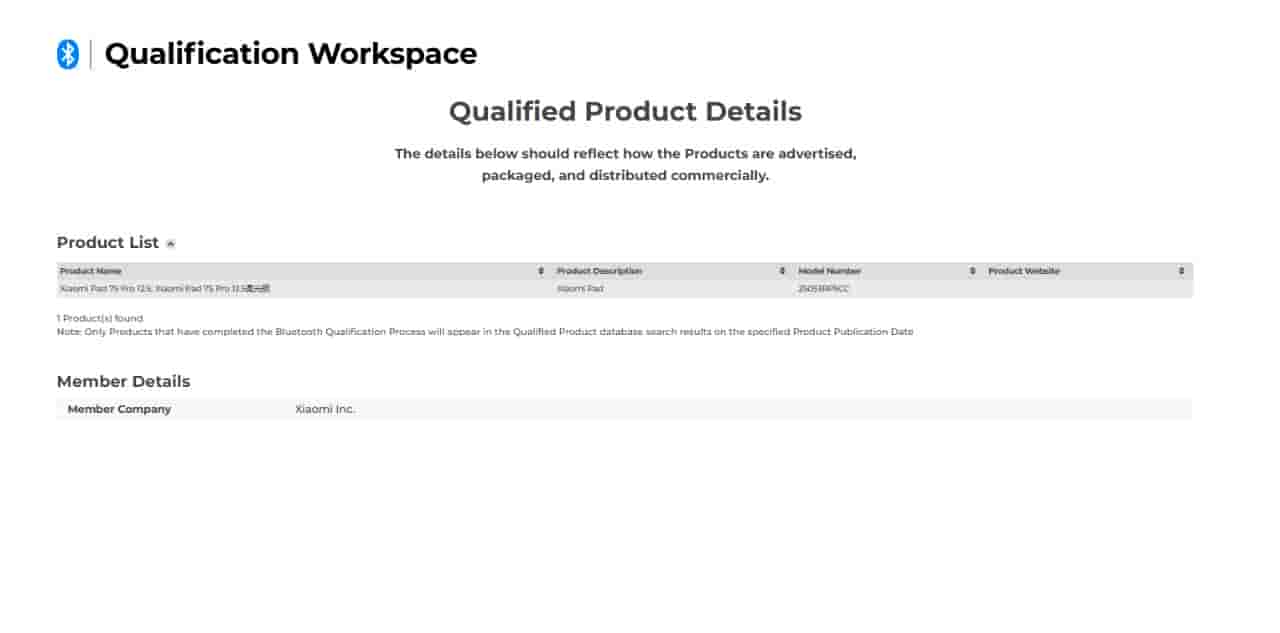 Xiaomi Pad 7S Pro 12.5 - Bluetooth SIG Listing