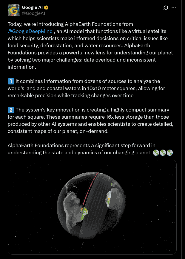 Google DeepMind Introduces AlphaEarth Foundations - X Post