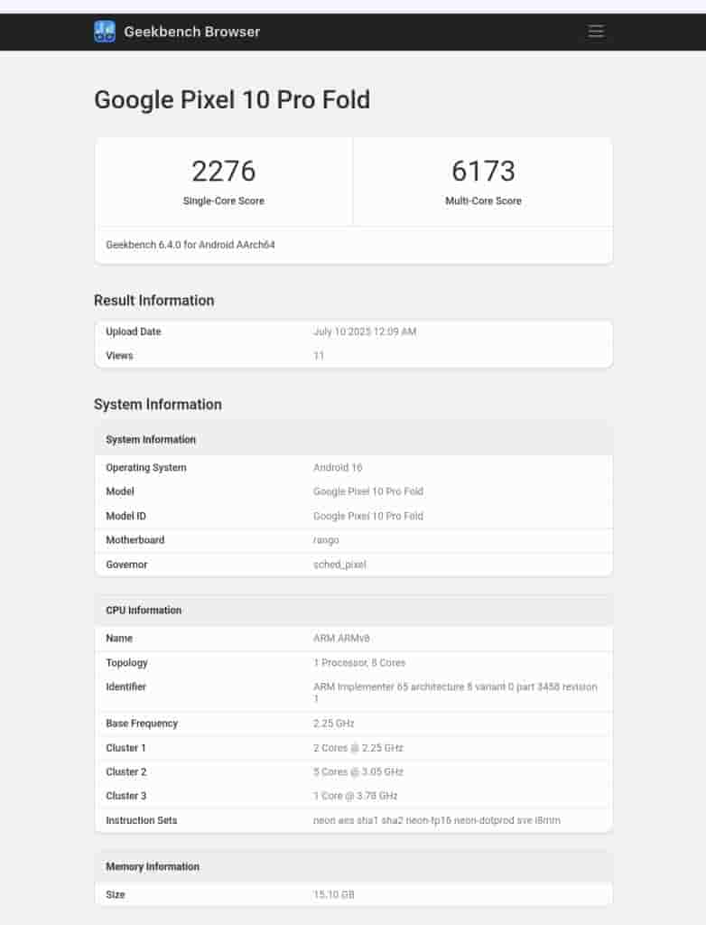 Google Pixel 10 Pro Fold - Geekbench Listing (1)