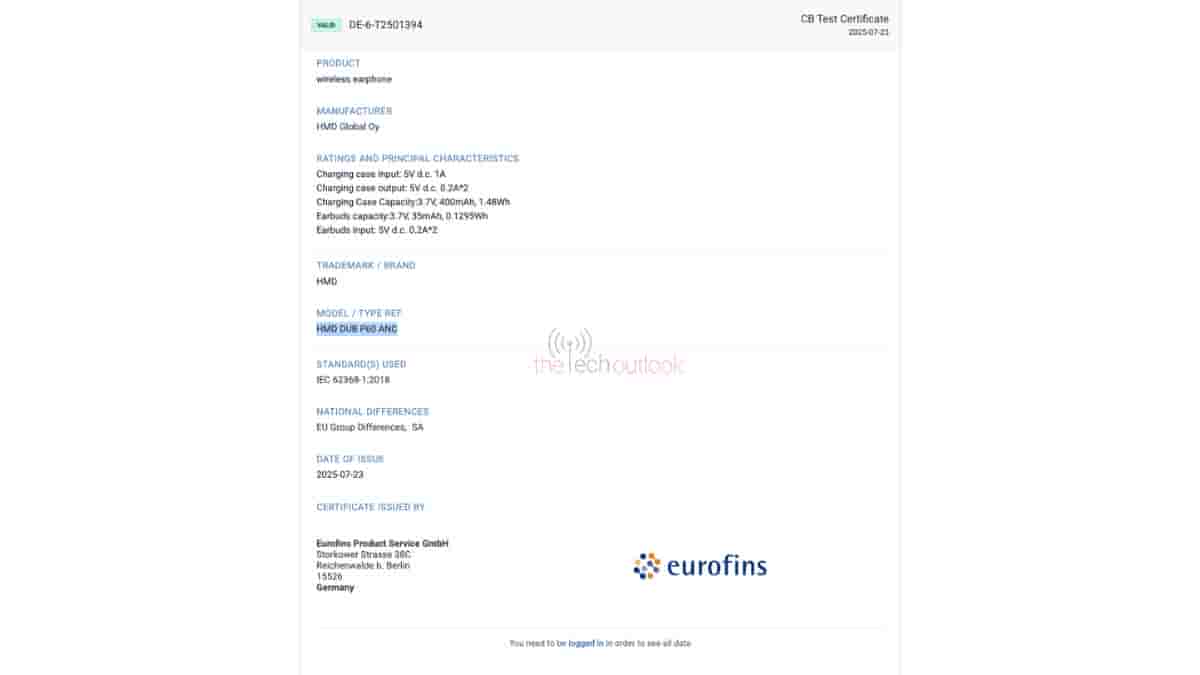 HMD DUB P60 ANC - Eurofins Certification