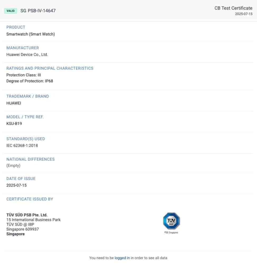 Huawei Watch GT 6 ('KSU-B19') - TUV SUD Certification
