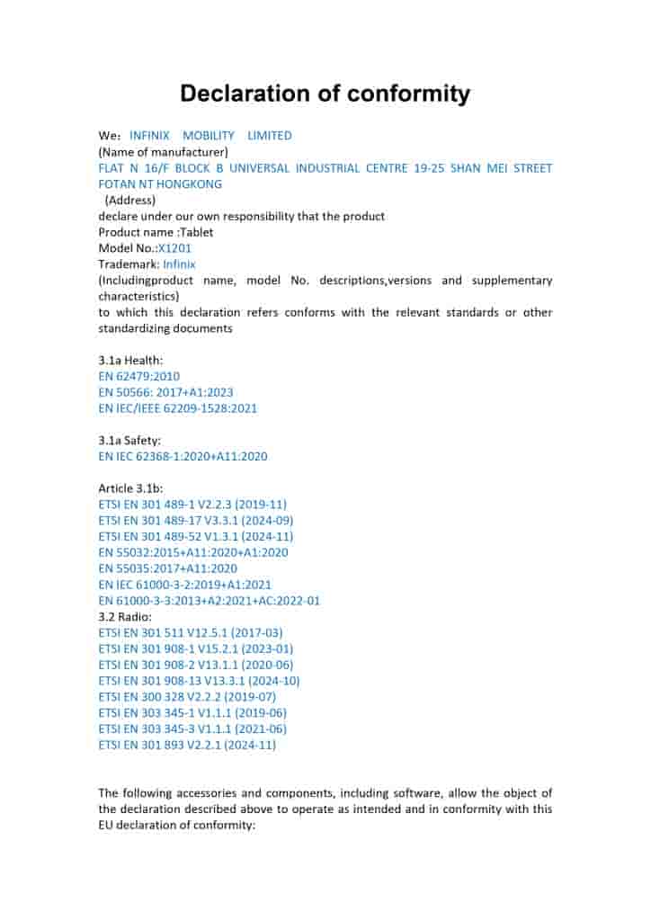 Infinix XPAD 20 Pro (X1201) - Declaration of Conformity (1)