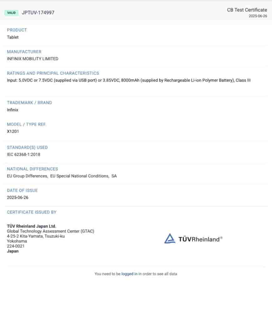 Infinix XPAD 20 Pro (X1201) - TUV Rheinland Certification