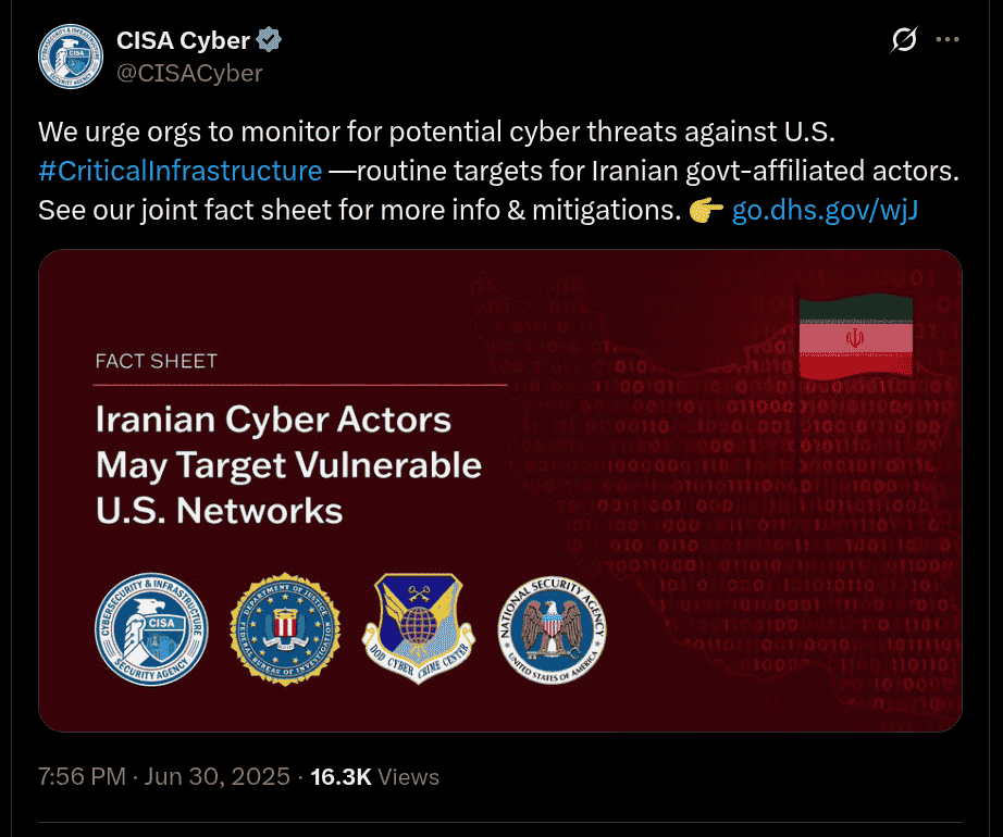 Iranian Cyber Actors May Target Vulnerable US Networks and Entities of Interest - X Post