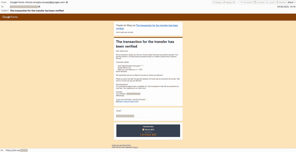 Kaspersky Warns of Google Forms Scam Promising Free Cryptocurrencies (Image 1)