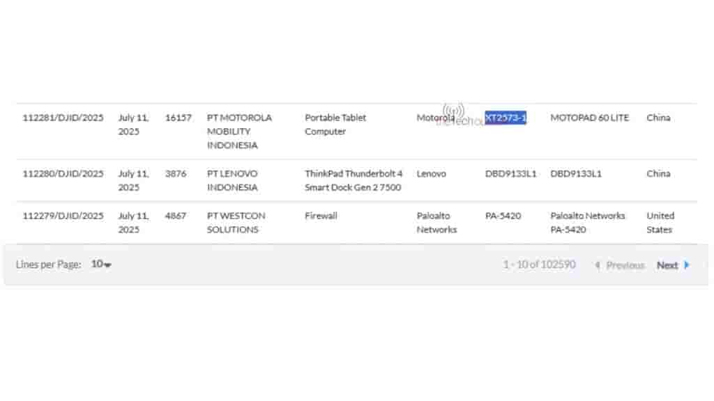 Motorola Moto Pad 60 Lite - SDPPI Certification